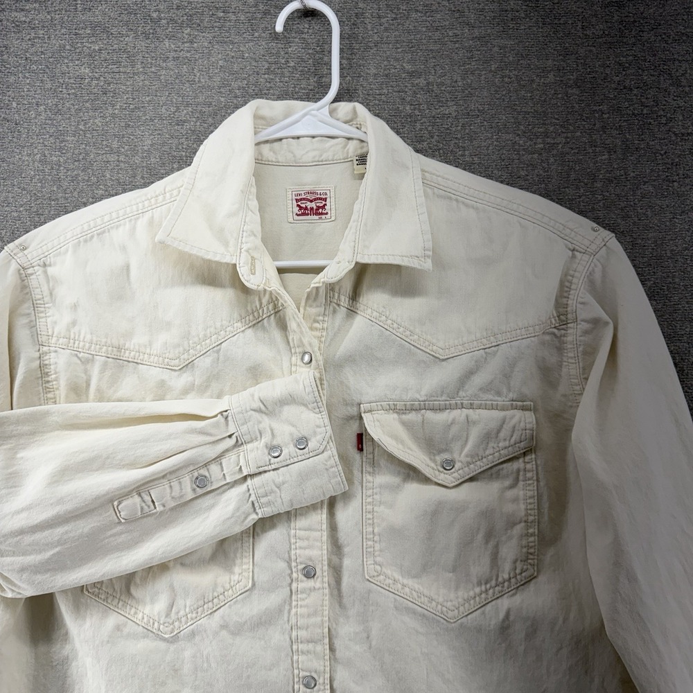 Levis Barstow Denim Shirt Men Size Large Beige Snap Button Western Long Sleeve